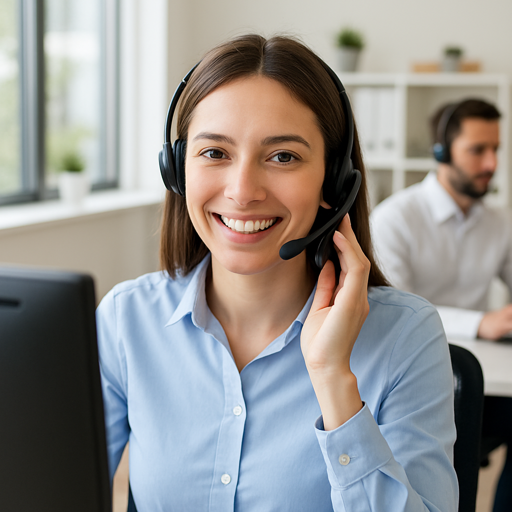 Customer service representative with headset smiling at camera