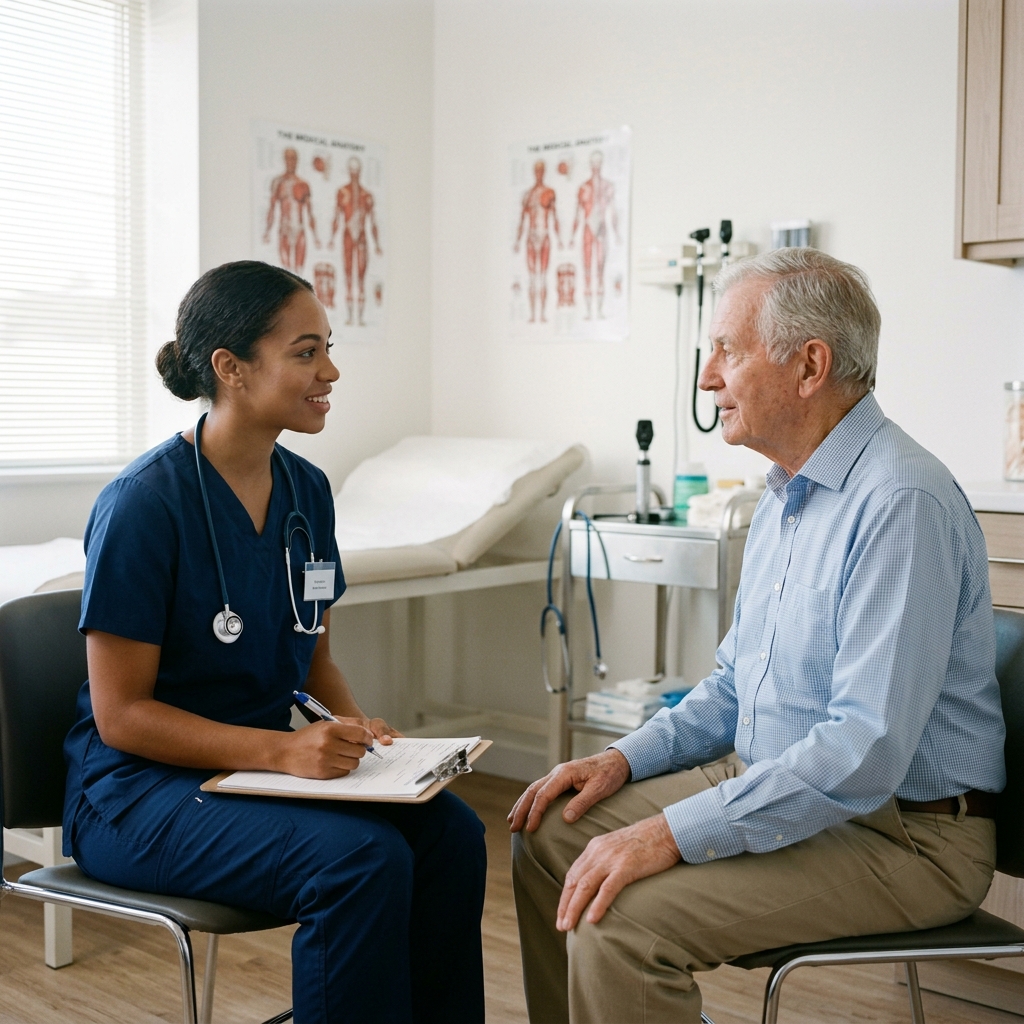 Medical student in clinical communication practice with a patient