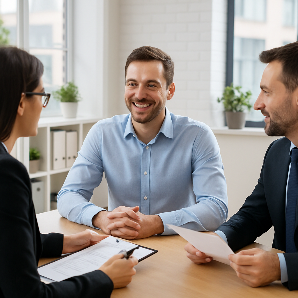 Three professionals shaking hands in a business interview setting