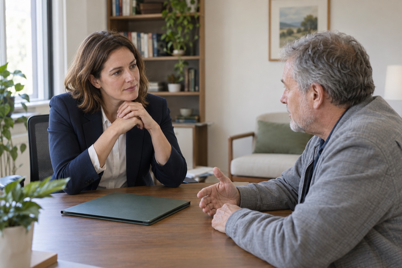 A legal professional and a client talk through a question together.