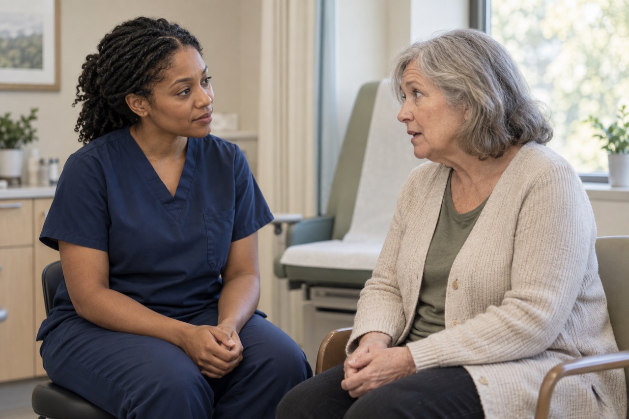 A nurse listens to an older patient in a clinical teaching room.