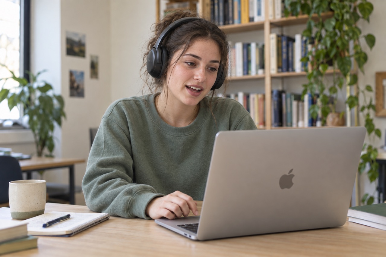 A college-age woman wearing headphones practices a video conversation on a MacBook.
