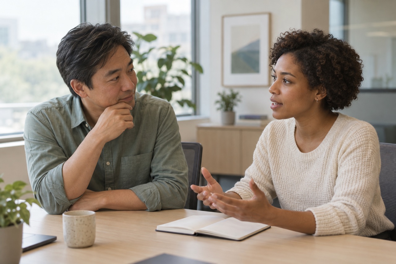 Two colleagues have a focused feedback conversation.