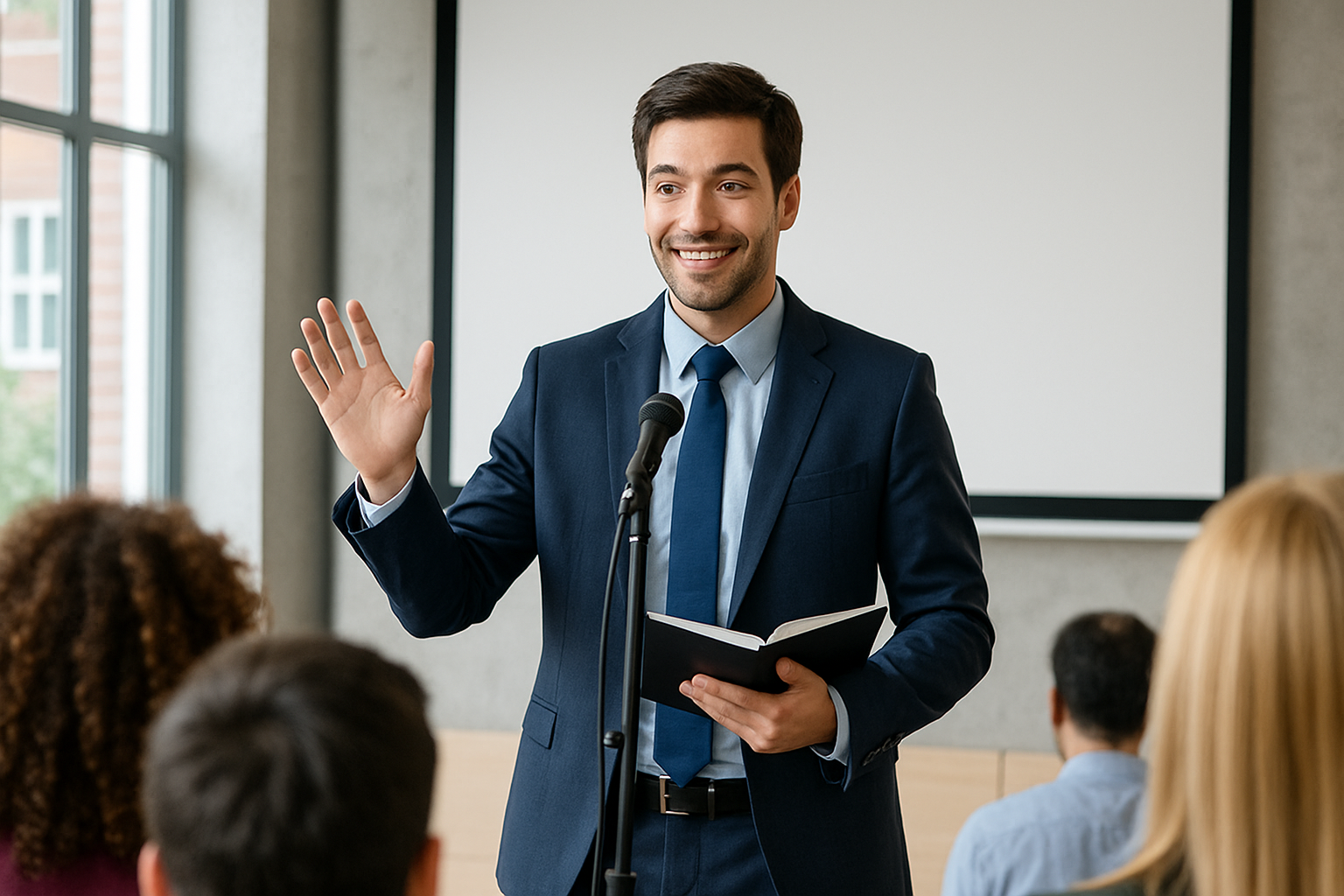 Professional presenting to an audience in a training room