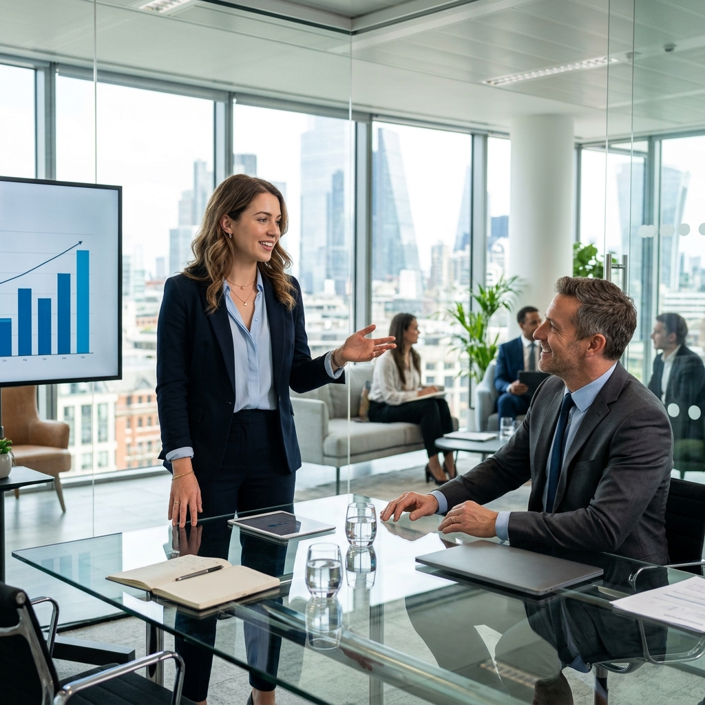 Professional confidently presenting to a client in a modern office